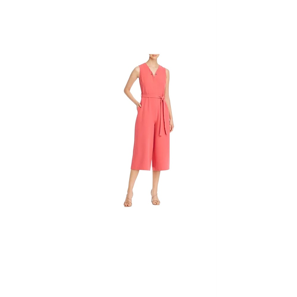 T Tahari Coral Pink Culotte Jumpsuit Belted Sleeveless V Neck Career
